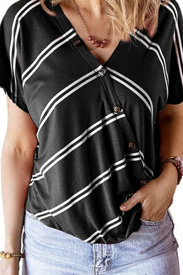 The Best Women Stripe V-Neck Loose T-Shirts Fashion Ladies Summer Casual Batwing Sleeve Loose Button Top Shirt Office Shirt Online - Takalr