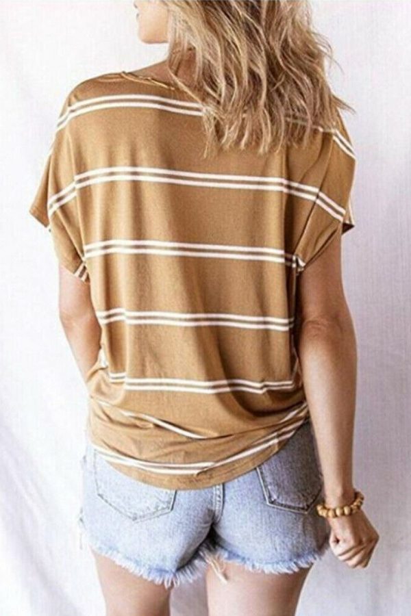 The Best Women Stripe V-Neck Loose T-Shirts Fashion Ladies Summer Casual Batwing Sleeve Loose Button Top Shirt Office Shirt Online - Takalr