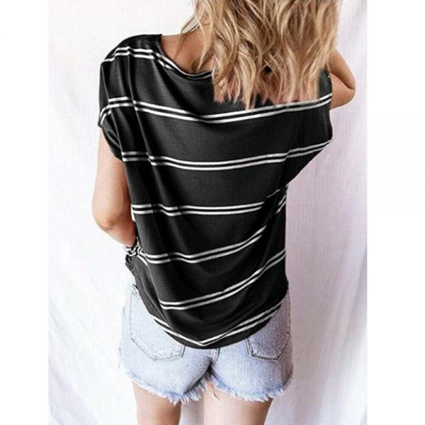 The Best Women Stripe V-Neck Loose T-Shirts Fashion Ladies Summer Casual Batwing Sleeve Loose Button Top Shirt Office Shirt Online - Takalr