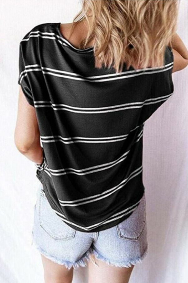 The Best Women Stripe V-Neck Loose T-Shirts Fashion Ladies Summer Casual Batwing Sleeve Loose Button Top Shirt Office Shirt Online - Takalr