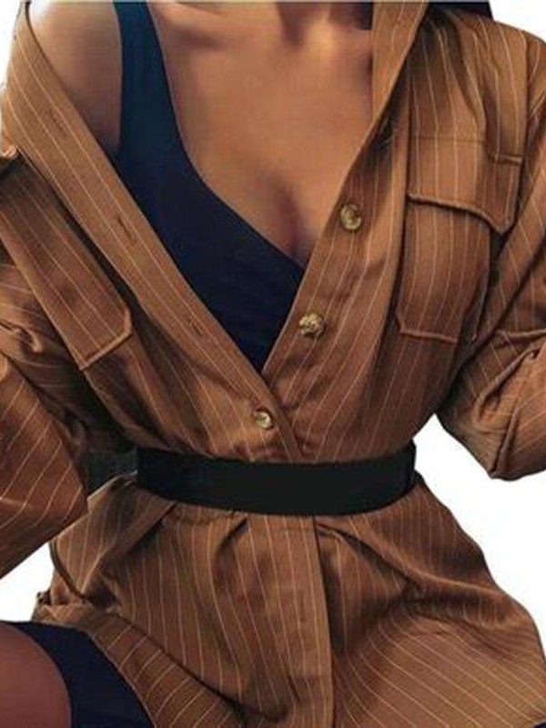 Women Striped Print Single Breasted Turn-down Collar Top Shirts Women Casual Long Sleeve Blouse Shirts Tops - Takalr