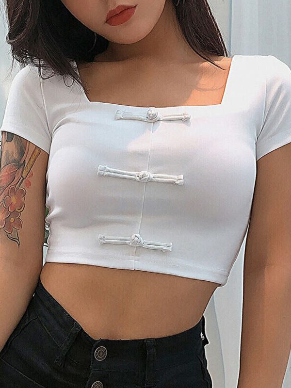 The Best Women Summer Beach Short Sleeve Square Neck T-Shirt Ladies Sexy Slim Crop Tank Top Casual Outwear Streetwear Online - Takalr