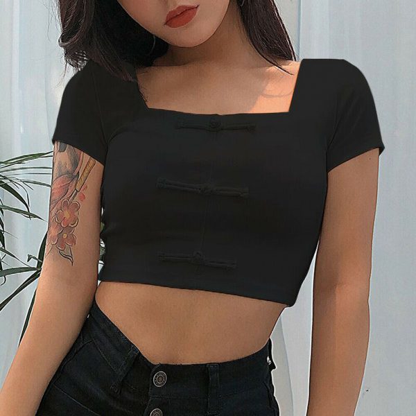 The Best Women Summer Beach Short Sleeve Square Neck T-Shirt Ladies Sexy Slim Crop Tank Top Casual Outwear Streetwear Online - Takalr