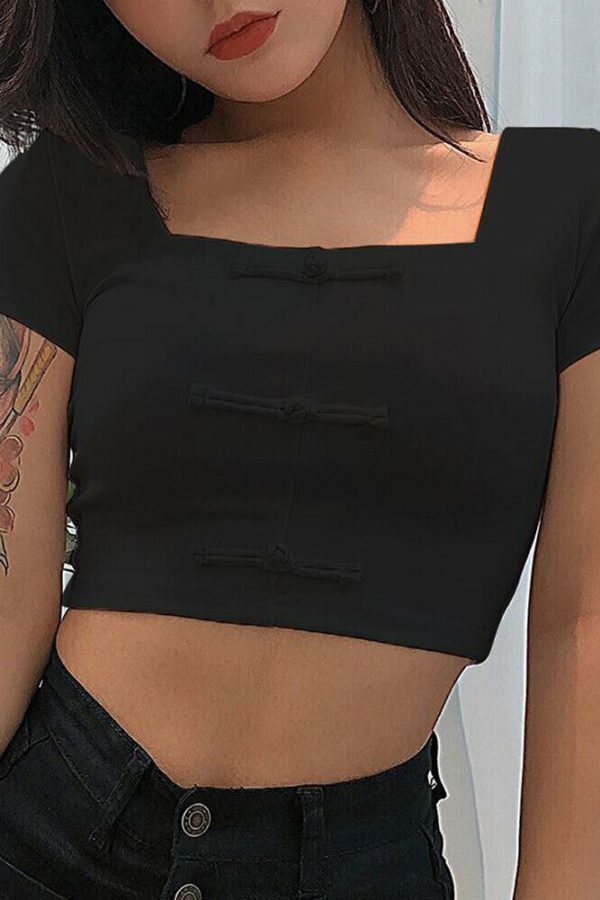 The Best Women Summer Beach Short Sleeve Square Neck T-Shirt Ladies Sexy Slim Crop Tank Top Casual Outwear Streetwear Online - Takalr