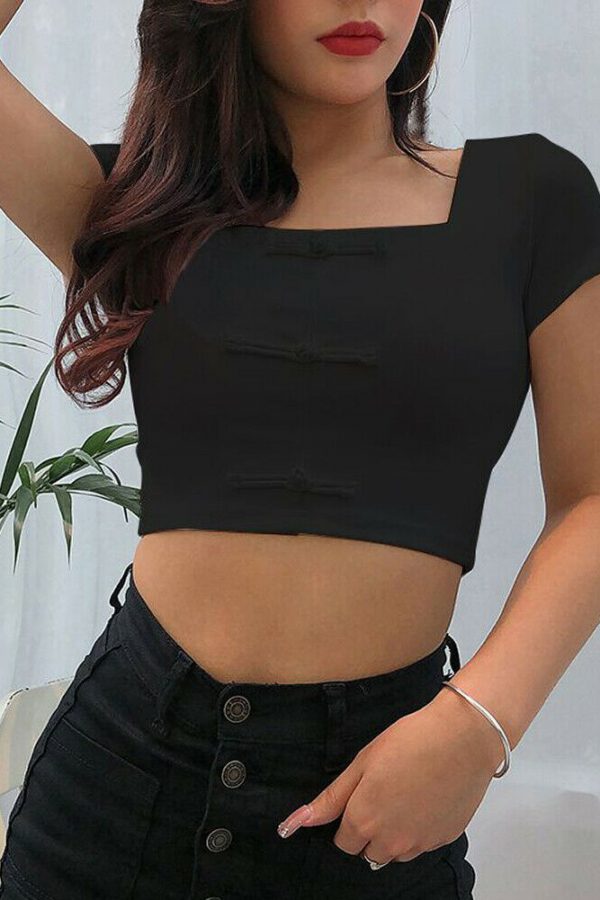 The Best Women Summer Beach Short Sleeve Square Neck T-Shirt Ladies Sexy Slim Crop Tank Top Casual Outwear Streetwear Online - Takalr