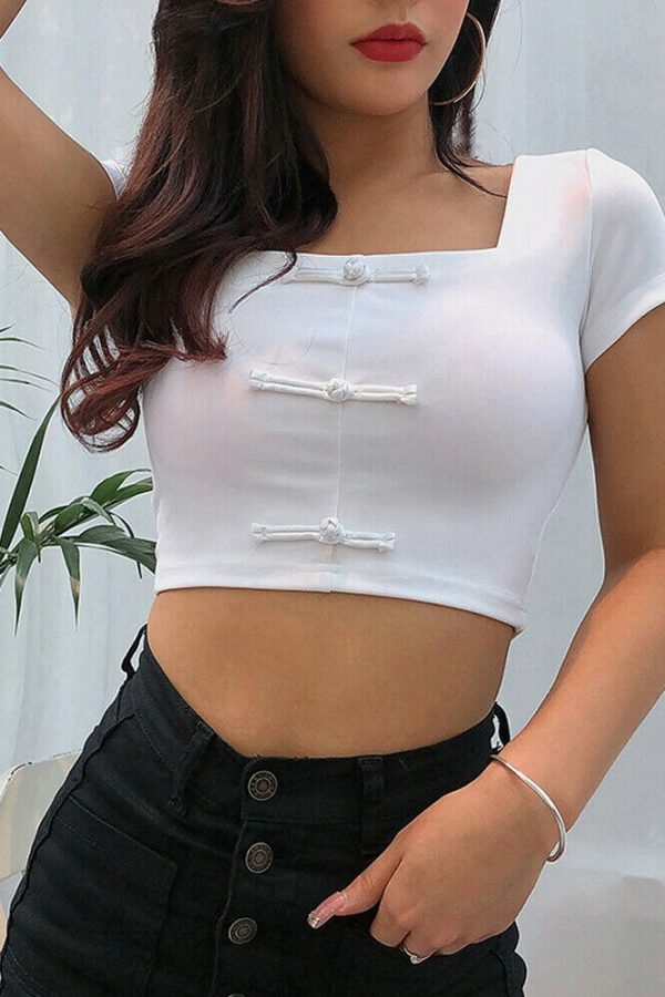 The Best Women Summer Beach Short Sleeve Square Neck T-Shirt Ladies Sexy Slim Crop Tank Top Casual Outwear Streetwear Online - Takalr