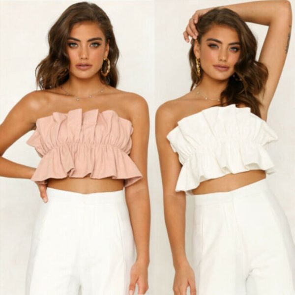 The Best Women Summer Beach Tank Top Ladies Casual Off Shoulder Ruffle Vest Sleeveless Solid Crop Tops Holiday Shirt Online - Takalr