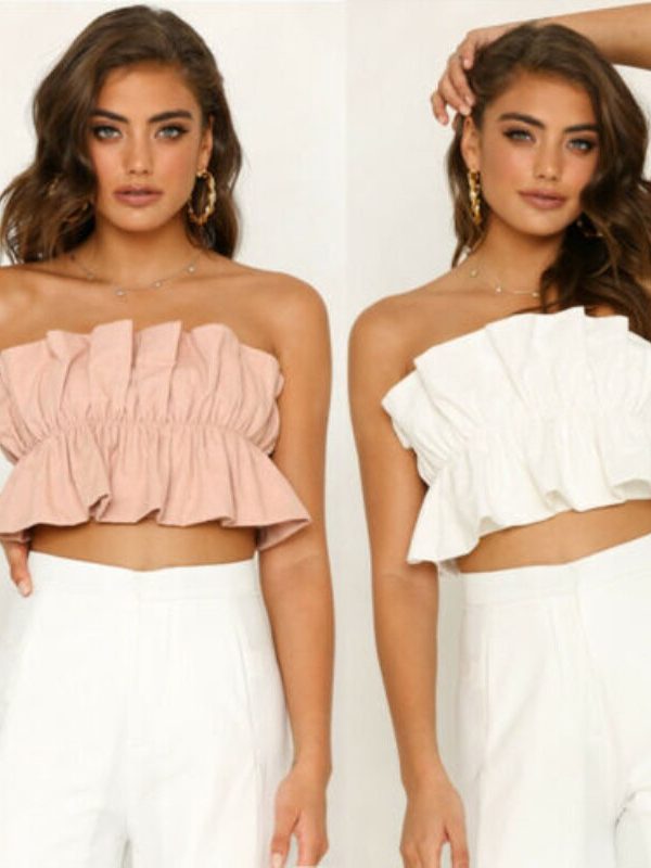 The Best Women Summer Beach Tank Top Ladies Casual Off Shoulder Ruffle Vest Sleeveless Solid Crop Tops Holiday Shirt Online - Takalr