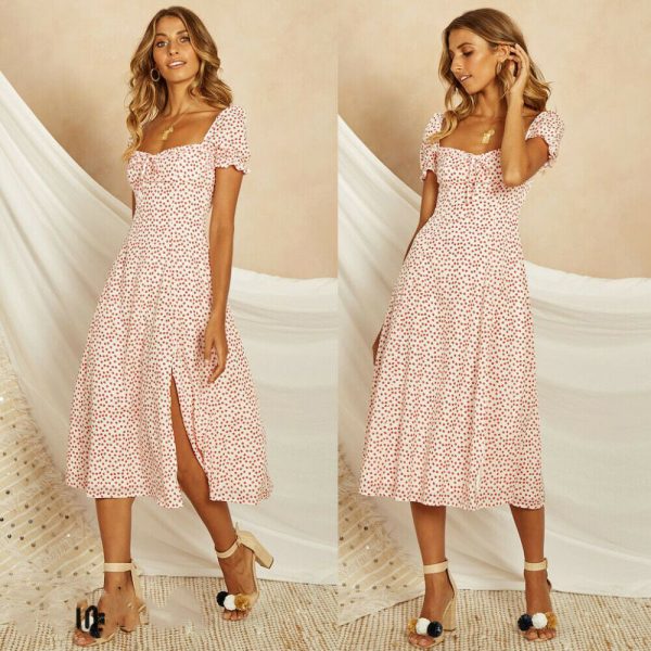 The Best Women Summer Bohemian Boho Short Sleeve High Waist Casual Dress Polka Dot Party Ladies Beach Sundress New Online - Takalr