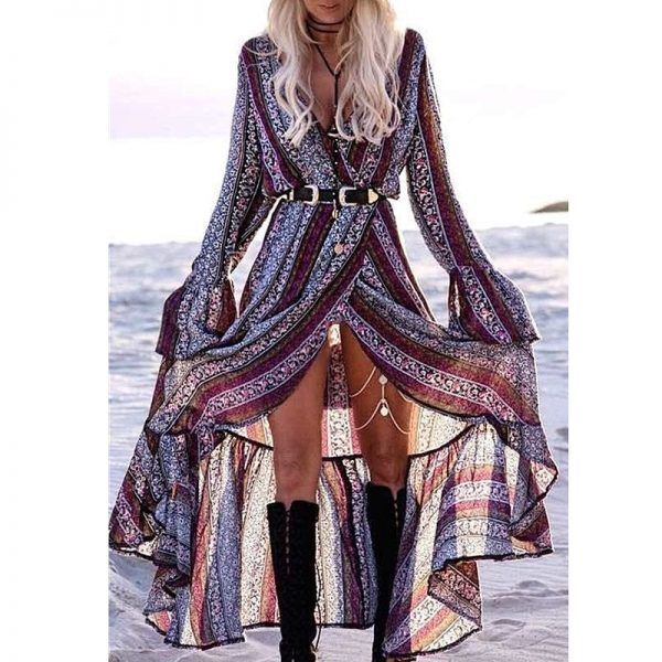 The Best Women Summer Boho Floral Long Maxi Dress Chiffon Ladies Long Sleeve V-Neck Party Beach Casual Dresses Sundress Online - Takalr