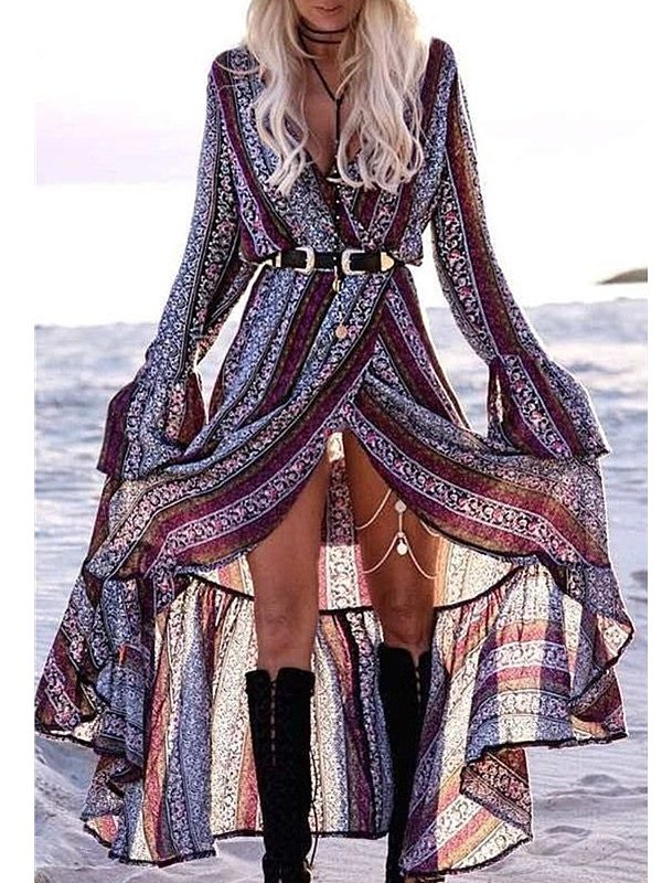 The Best Women Summer Boho Floral Long Maxi Dress Chiffon Ladies Long Sleeve V-Neck Party Beach Casual Dresses Sundress Online - Takalr