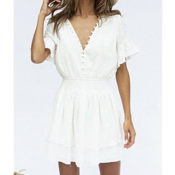 The Best Women Summer Boho Ruffle Short Mini Dress Female Short Sleeve V Neck Casual Beach Party Holiday Sundress Summer Clothes Online - Takalr