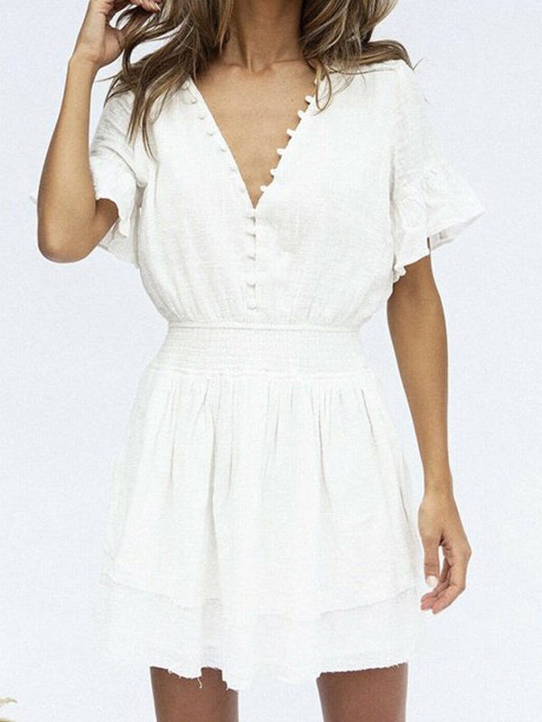 The Best Women Summer Boho Ruffle Short Mini Dress Female Short Sleeve V Neck Casual Beach Party Holiday Sundress Summer Clothes Online - Takalr