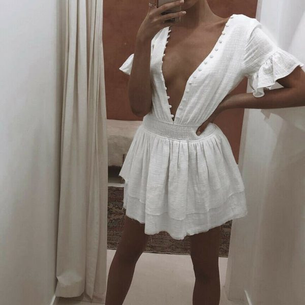 The Best Women Summer Boho Ruffle Short Mini Dress Female Short Sleeve V Neck Casual Beach Party Holiday Sundress Summer Clothes Online - Takalr