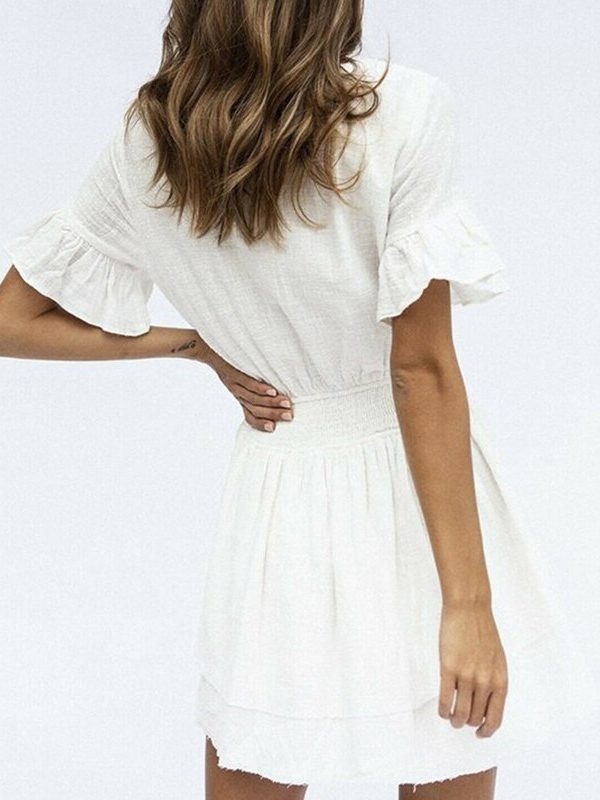 The Best Women Summer Boho Ruffle Short Mini Dress Female Short Sleeve V Neck Casual Beach Party Holiday Sundress Summer Clothes Online - Takalr