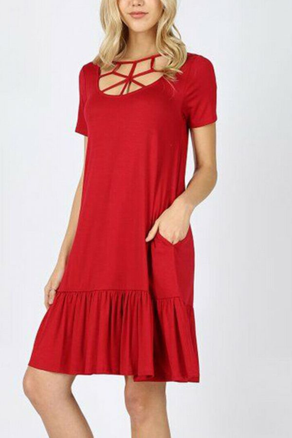 The Best Women Summer Boho Short Sleeve Mini Dress Ladies Party Beach Solid Casual Round Neck Pocket Dress Sundress Online - Takalr