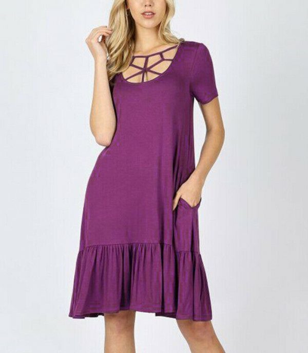 The Best Women Summer Boho Short Sleeve Mini Dress Ladies Party Beach Solid Casual Round Neck Pocket Dress Sundress Online - Takalr