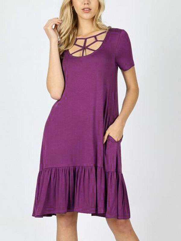 The Best Women Summer Boho Short Sleeve Mini Dress Ladies Party Beach Solid Casual Round Neck Pocket Dress Sundress Online - Takalr