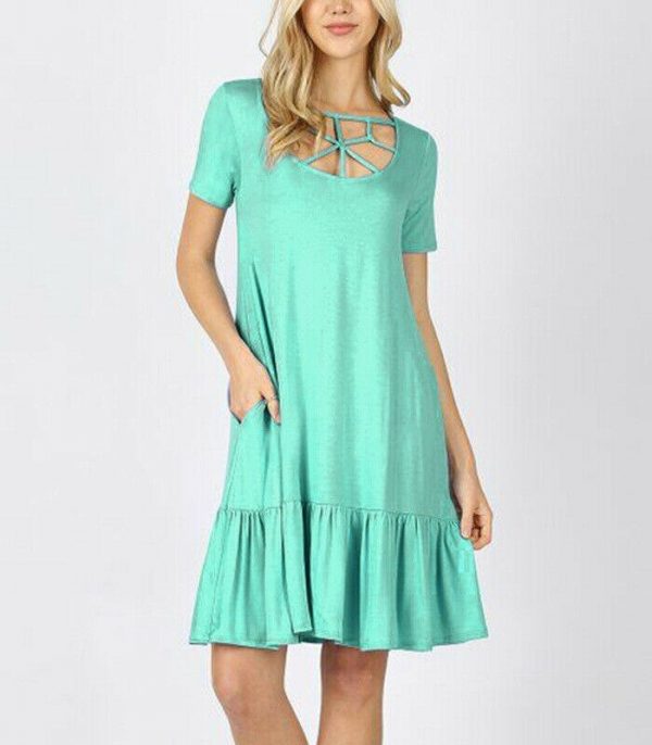 The Best Women Summer Boho Short Sleeve Mini Dress Ladies Party Beach Solid Casual Round Neck Pocket Dress Sundress Online - Takalr