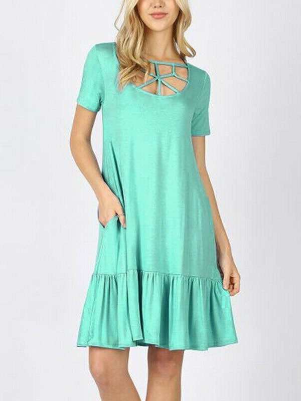 The Best Women Summer Boho Short Sleeve Mini Dress Ladies Party Beach Solid Casual Round Neck Pocket Dress Sundress Online - Takalr