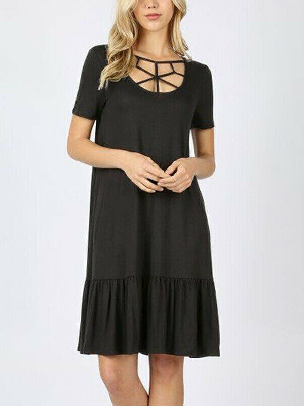 The Best Women Summer Boho Short Sleeve Mini Dress Ladies Party Beach Solid Casual Round Neck Pocket Dress Sundress Online - Takalr