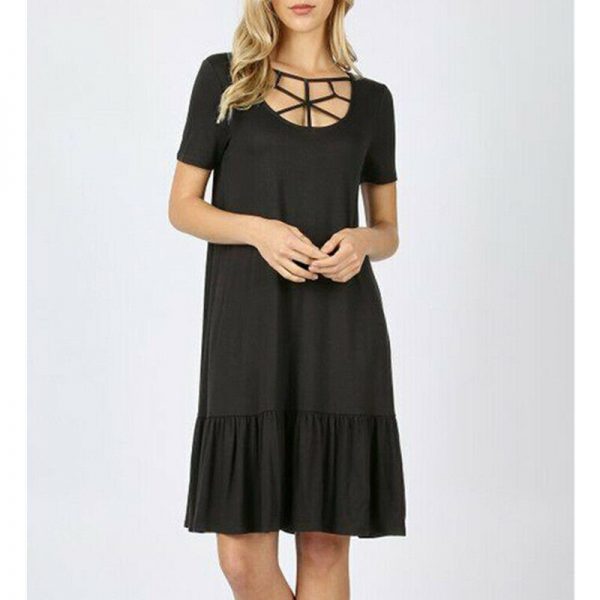 The Best Women Summer Boho Short Sleeve Mini Dress Ladies Party Beach Solid Casual Round Neck Pocket Dress Sundress Online - Takalr