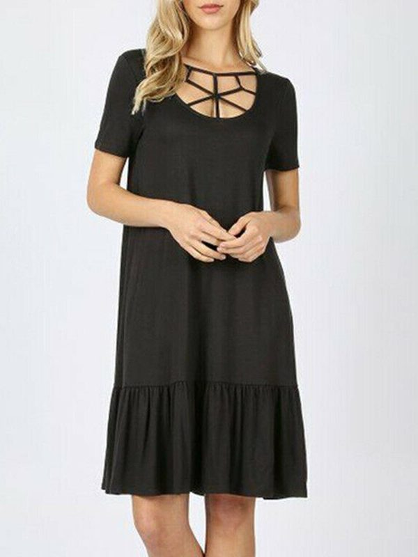 The Best Women Summer Boho Short Sleeve Mini Dress Ladies Party Beach Solid Casual Round Neck Pocket Dress Sundress Online - Takalr