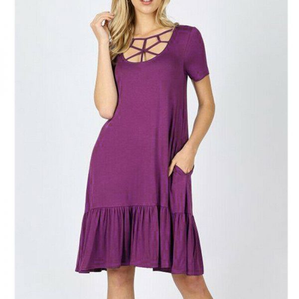 The Best Women Summer Boho Short Sleeve Mini Dress Ladies Party Beach Solid Casual Round Neck Pocket Dress Sundress Online - Takalr