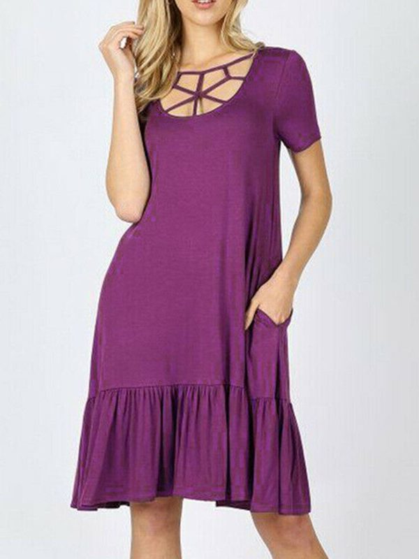 The Best Women Summer Boho Short Sleeve Mini Dress Ladies Party Beach Solid Casual Round Neck Pocket Dress Sundress Online - Takalr