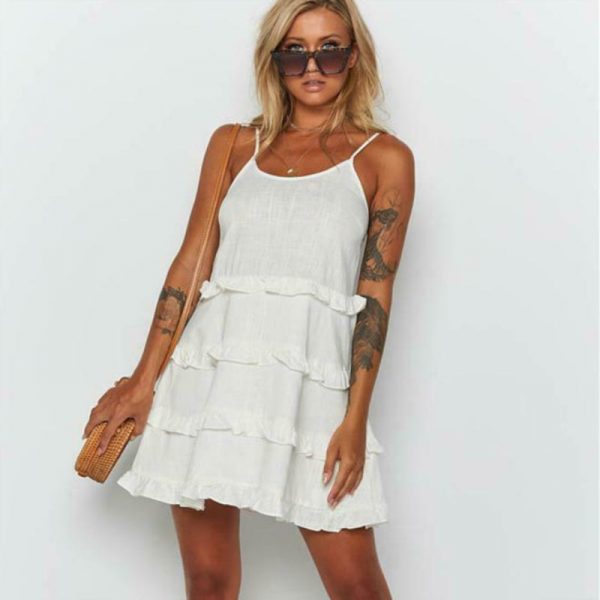 The Best Women Summer Boho Sleeveless Dress Ladies Casual Party Summer Holiday Beach Ruffle A-Line Short Mini Dress Sundress Online - Takalr