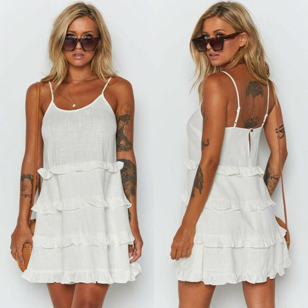 The Best Women Summer Boho Sleeveless Dress Ladies Casual Party Summer Holiday Beach Ruffle A-Line Short Mini Dress Sundress Online - Takalr