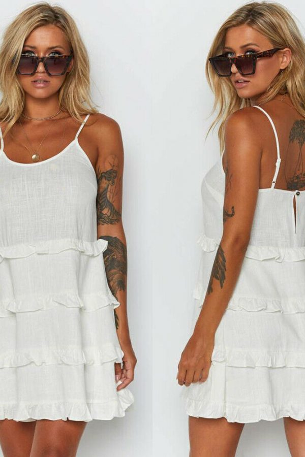 The Best Women Summer Boho Sleeveless Dress Ladies Casual Party Summer Holiday Beach Ruffle A-Line Short Mini Dress Sundress Online - Takalr