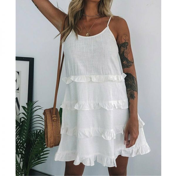 The Best Women Summer Boho Sleeveless Dress Ladies Casual Party Summer Holiday Beach Ruffle A-Line Short Mini Dress Sundress Online - Takalr