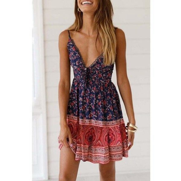 Women Summer Casual Clothes Blue Floral Print Sexy Mini Boho Dress Tunic Off Shoulder Ladies Pleated Dresses Beach Sundress - Takalr