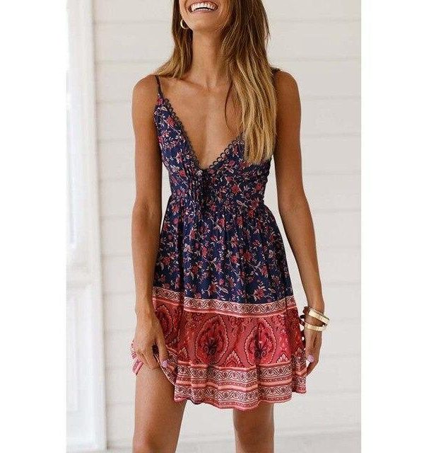 Women Summer Casual Clothes Blue Floral Print Sexy Mini Boho Dress Tunic Off Shoulder Ladies Pleated Dresses Beach Sundress - Takalr