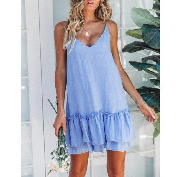 Women Summer Casual Clothes Blue Ruffle Sexy Mini Dress Spaghetti Strap Off Shoulder Ladies Pleated Dresses Korean Sundress - Takalr