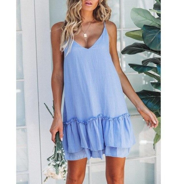 Women Summer Casual Clothes Blue Ruffle Sexy Mini Dress Spaghetti Strap Off Shoulder Ladies Pleated Dresses Korean Sundress - Takalr