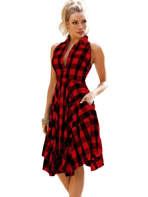 The Best Women Summer Casual Dress OL Ladies Sleeveless Plaid Shirt Dress Elegant Women Party Pleated Irregular Dress Lady Clothes Online - Takalr