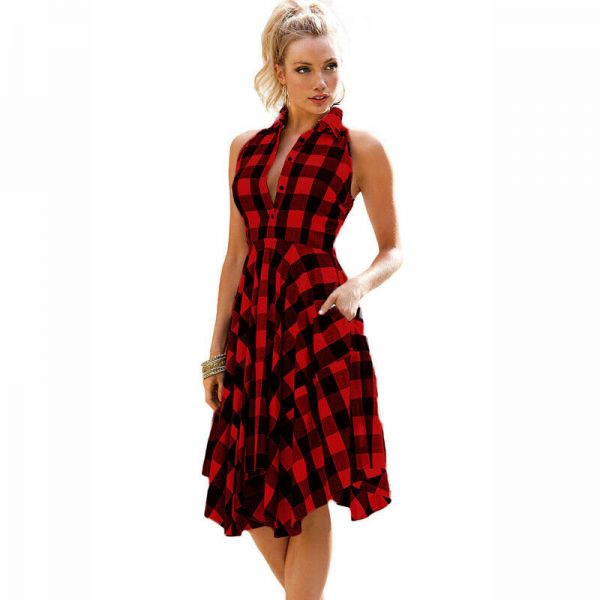 The Best Women Summer Casual Dress OL Ladies Sleeveless Plaid Shirt Dress Elegant Women Party Pleated Irregular Dress Lady Clothes Online - Takalr