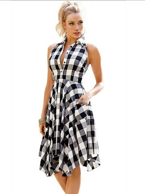 The Best Women Summer Casual Dress OL Ladies Sleeveless Plaid Shirt Dress Elegant Women Party Pleated Irregular Dress Lady Clothes Online - Takalr