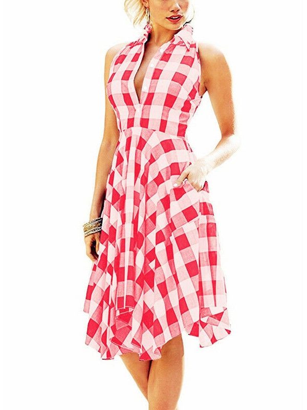 The Best Women Summer Casual Dress OL Ladies Sleeveless Plaid Shirt Dress Elegant Women Party Pleated Irregular Dress Lady Clothes Online - Takalr