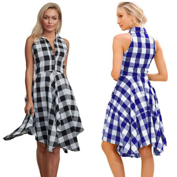 The Best Women Summer Casual Dress OL Ladies Sleeveless Plaid Shirt Dress Elegant Women Party Pleated Irregular Dress Lady Clothes Online - Takalr