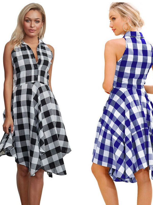 The Best Women Summer Casual Dress OL Ladies Sleeveless Plaid Shirt Dress Elegant Women Party Pleated Irregular Dress Lady Clothes Online - Takalr