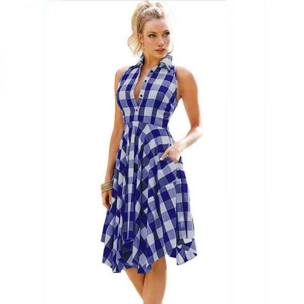 The Best Women Summer Casual Dress OL Ladies Sleeveless Plaid Shirt Dress Elegant Women Party Pleated Irregular Dress Lady Clothes Online - Takalr