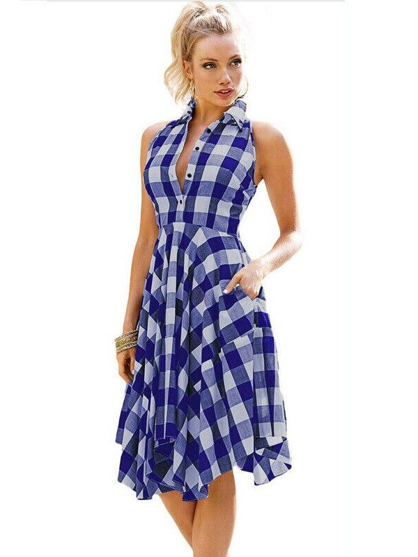 The Best Women Summer Casual Dress OL Ladies Sleeveless Plaid Shirt Dress Elegant Women Party Pleated Irregular Dress Lady Clothes Online - Takalr