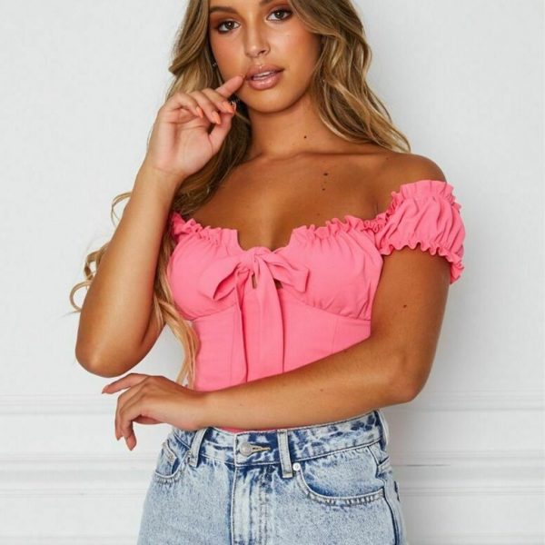 The Best Women Summer Casual Off Shoulder Ruffles Trim V Neck Bowknot Tank Dot Print Vest Puff Sleeve Sleeveless Crop Tops Tee Online - Takalr