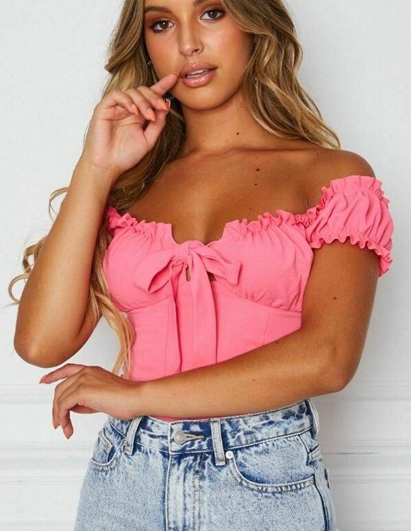 The Best Women Summer Casual Off Shoulder Ruffles Trim V Neck Bowknot Tank Dot Print Vest Puff Sleeve Sleeveless Crop Tops Tee Online - Takalr