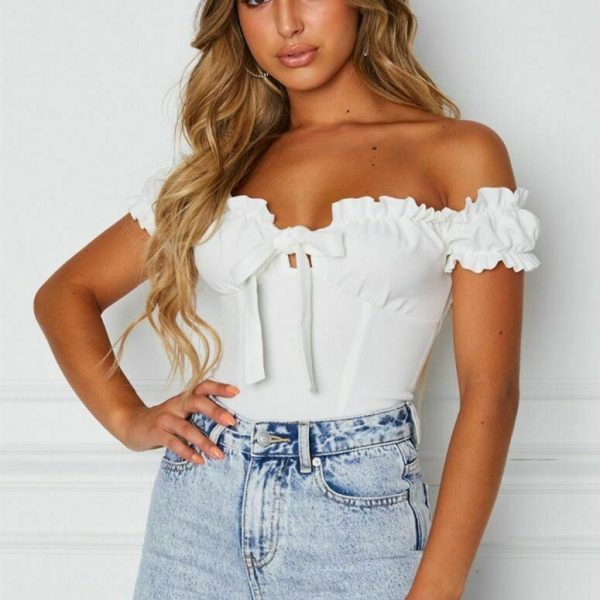 The Best Women Summer Casual Off Shoulder Ruffles Trim V Neck Bowknot Tank Dot Print Vest Puff Sleeve Sleeveless Crop Tops Tee Online - Takalr