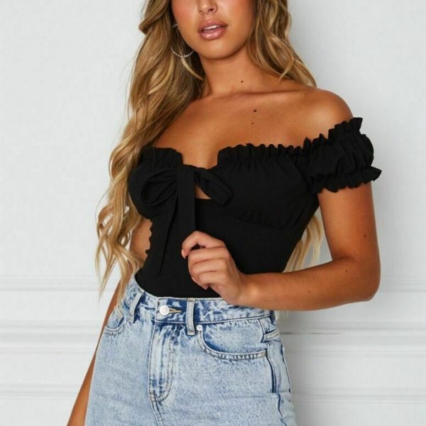 The Best Women Summer Casual Off Shoulder Ruffles Trim V Neck Bowknot Tank Dot Print Vest Puff Sleeve Sleeveless Crop Tops Tee Online - Takalr