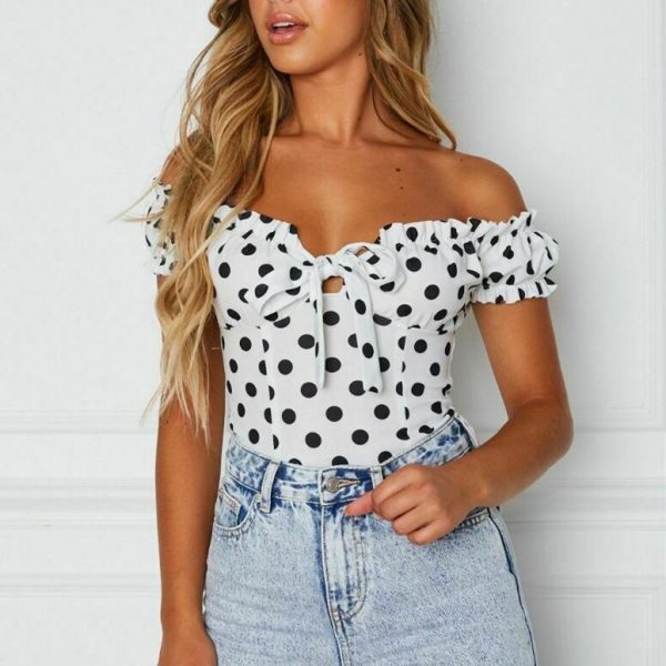 The Best Women Summer Casual Off Shoulder Ruffles Trim V Neck Bowknot Tank Dot Print Vest Puff Sleeve Sleeveless Crop Tops Tee Online - Takalr